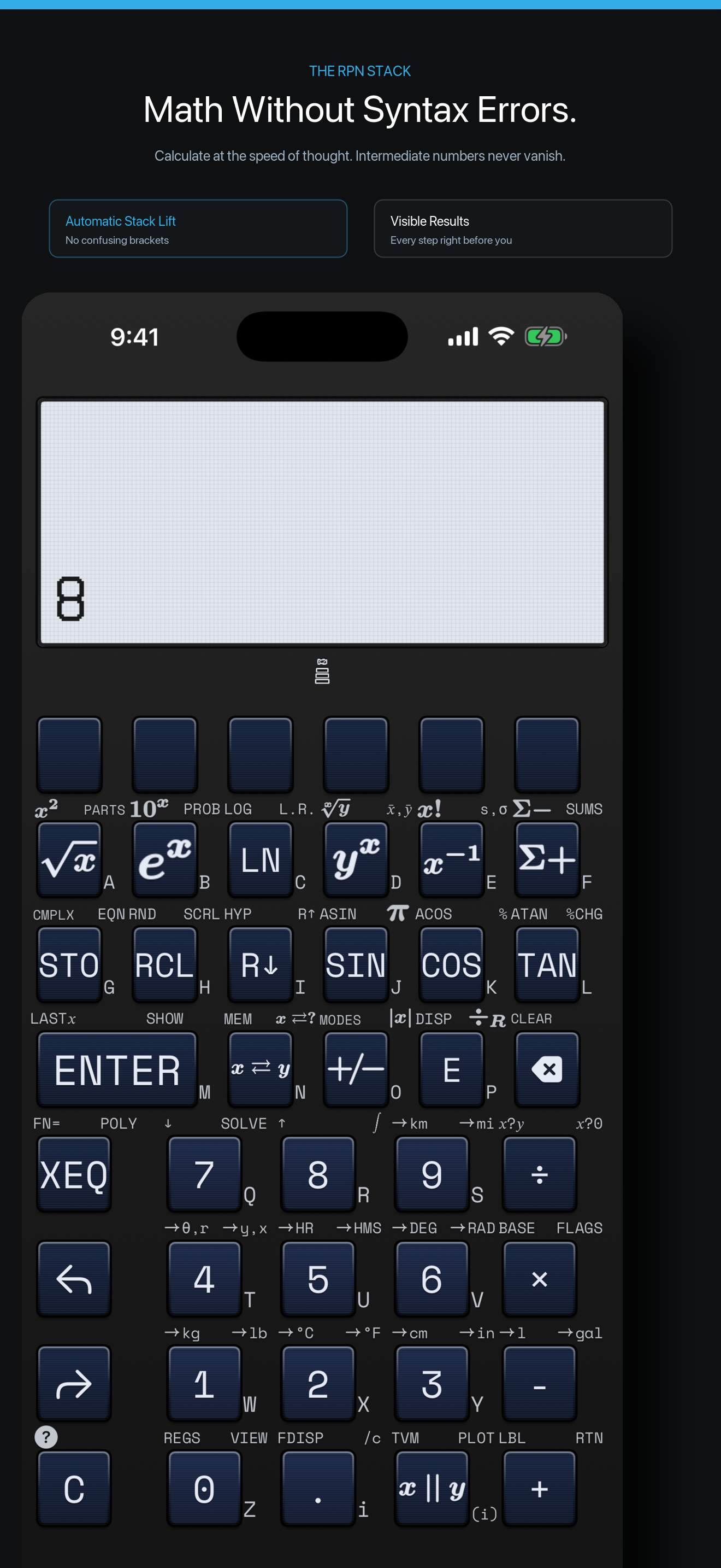 StackCalc iPhone companion app showing the RPN stack