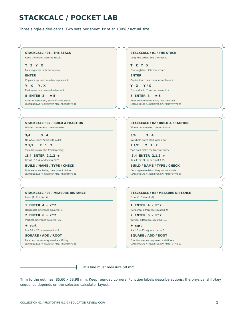 Printable StackCalc Learning Lab reference cards