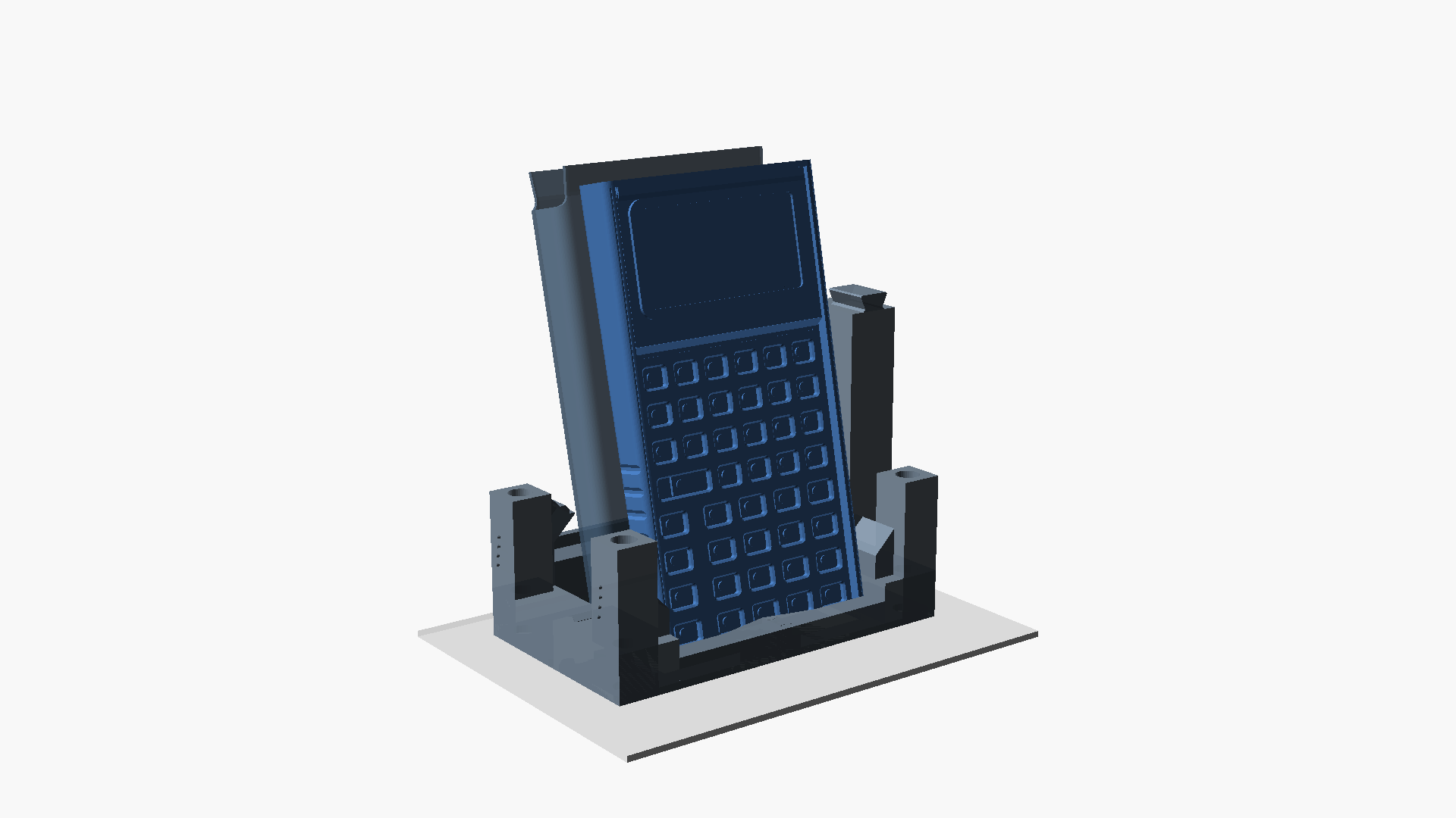 CAD render of the shelf configuration: a front calculator bay, rear pouch bay, and dovetail-connected corner modules.